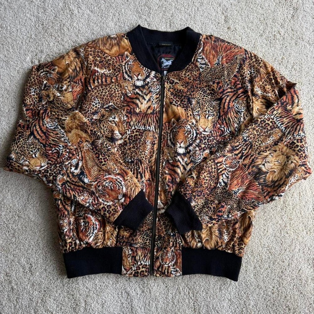 Vintage Safari Animal Print Bomber Jacket Tigers Lions Leopards USA Size M/L